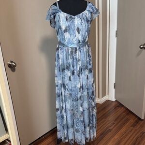 Blue Floral Off-Shoulder Maxi Dress with Satin Waist